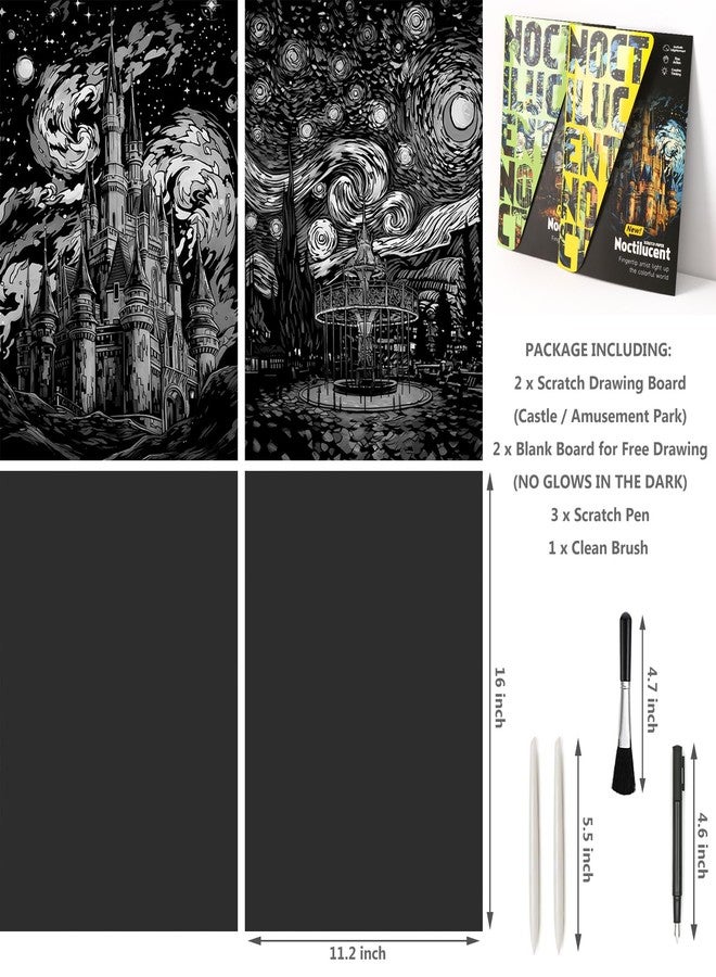 AP ARTSPER 2 Pack Night Glow Scratch Art Rainbow Painting Paper, Magic Glow-in-the-Dark Scraping, Van Gogh Style Creative Craft Set, Fun DIY Toy Sketch Card Scratchboard for Kids, Adults (Amusement Park/Castle) - Image 4